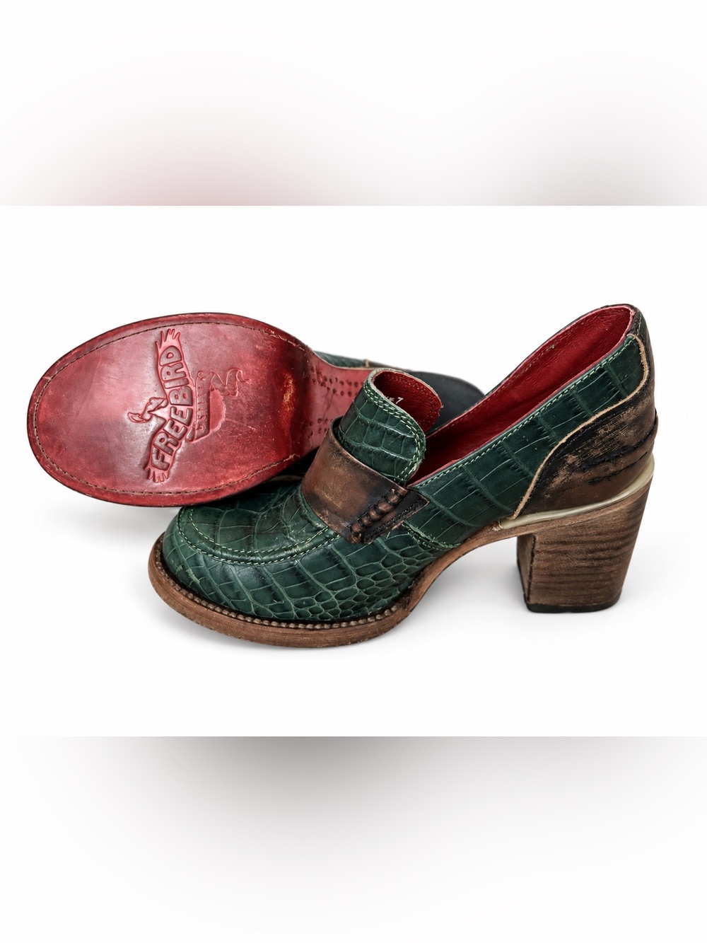 Freebird Bellevue Green Croc Embossed Leather Heels Size 7 New